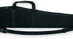 Black firearm bag with a handle and shoulder strap, featuring a zippered pocket.