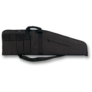 Black firearm bag with multiple exterior pouches and zippered pocket, designed for gun and ammo storage.