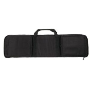 Black firearm carry bag with two zippered pouches and handles.
