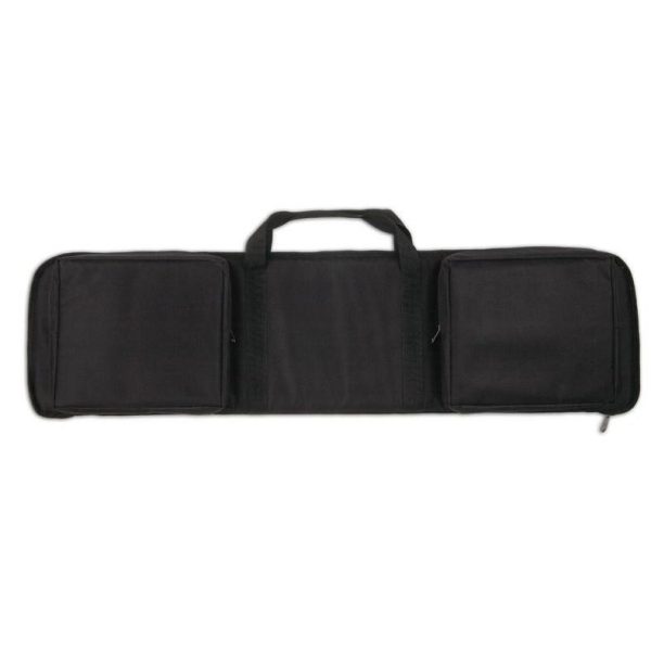 Black firearm carry bag with two zippered pouches and handles.
