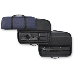 Black firearm bag with blue exterior, open to reveal disassembled rifle and ammo storage compartments.