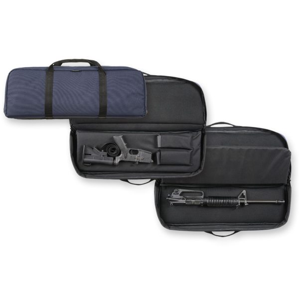 Black firearm bag with blue exterior, open to reveal disassembled rifle and ammo storage compartments.