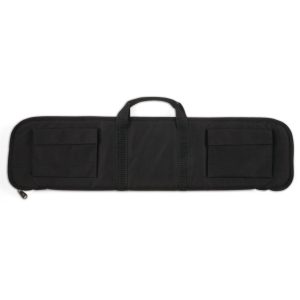 Black firearm bag with two front pockets and a handle, suitable for guns and ammo.