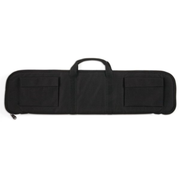Black firearm bag with two front pockets and a handle, suitable for guns and ammo.