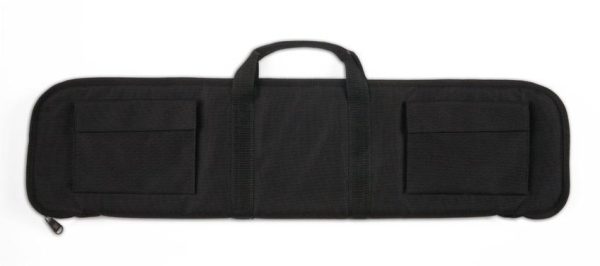 Black firearms bag with dual front pockets and carry handle, suitable for guns and ammo, associated with casey, iowa.