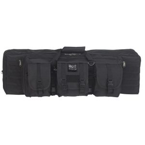 Black tactical firearms bag with multiple compartments and zippers, suitable for guns and ammo; features "BDT Bulldog" branding on the front, ideal for use in Casey, Iowa.