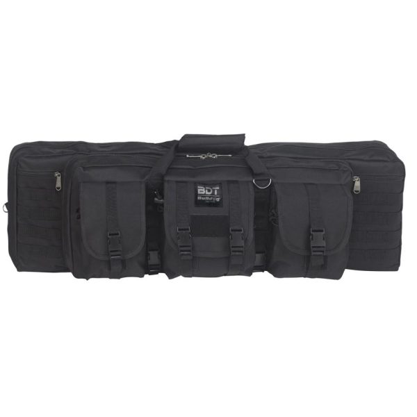 Black tactical firearms bag with multiple compartments and zippers, suitable for guns and ammo; features "bdt bulldog" branding on the front, ideal for use in casey, iowa.