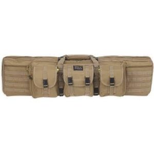 Tan tactical rifle bag with multiple pockets and straps, suitable for firearms and ammo storage, featuring rugged design ideal for use in Iowa, including Casey, Iowa.