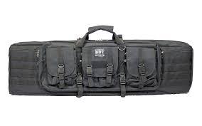 Black tactical firearm carrying case with three front pockets, carrying handle, and buckle closures.