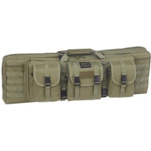 Olive green tactical rifle bag with multiple pockets and buckles for carrying firearms and ammo, associated with Casey, Iowa.