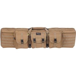 Tan tactical firearms bag with multiple pockets and buckle straps.