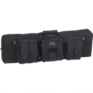 Black tactical firearm bag with multiple exterior pockets and buckle closures.