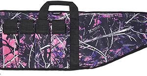 Pink and black camouflage gun case with black handles, suitable for firearms and ammo storage.