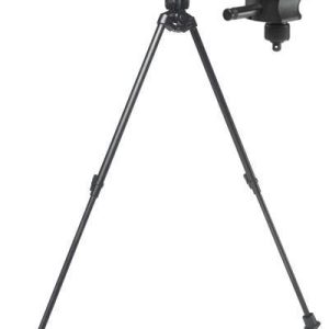 A black telescopic tripod stand with an adjustable firearm rest attachment, set against a plain white background.
