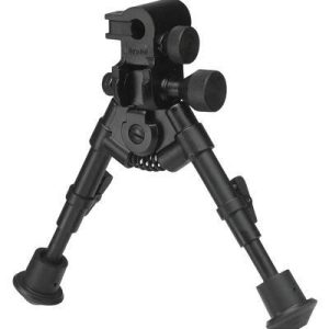 Black bipod firearm accessory for stability and precision shooting.