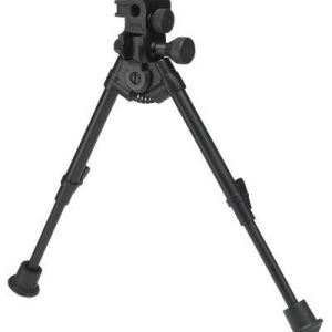 Black adjustable bipod for firearms with a sturdy mount and extendable legs.