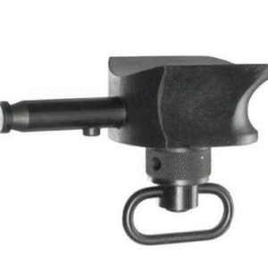 Black firearm accessory with a swivel mount and cylindrical pin.