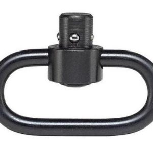 Black metal gun sling swivel attachment with a circular loop and locking mechanism.