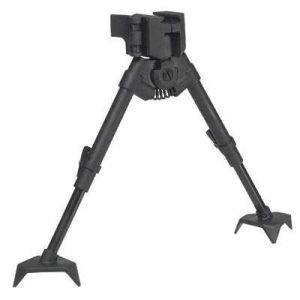Black tactical bipod for firearms and guns.