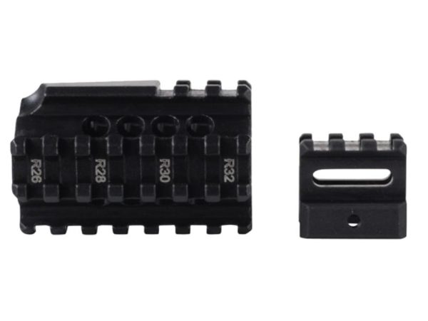 Black firearm rail mount accessories with marked sections r26 to r32.