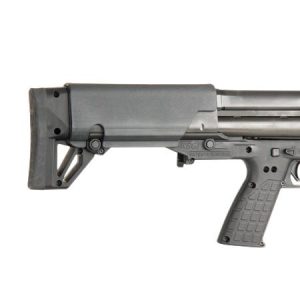 Black firearm with a textured grip and adjustable stock, isolated on a white background.