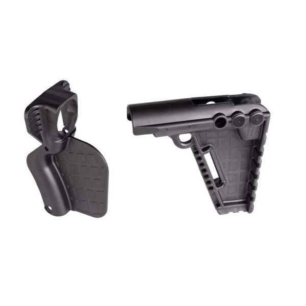 Black tactical gun accessories with a textured design against a white background.
