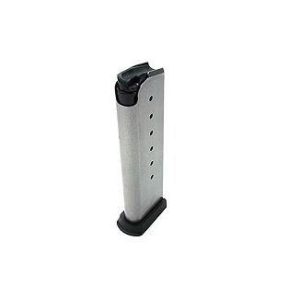 Silver handgun magazine with black baseplate on white background.