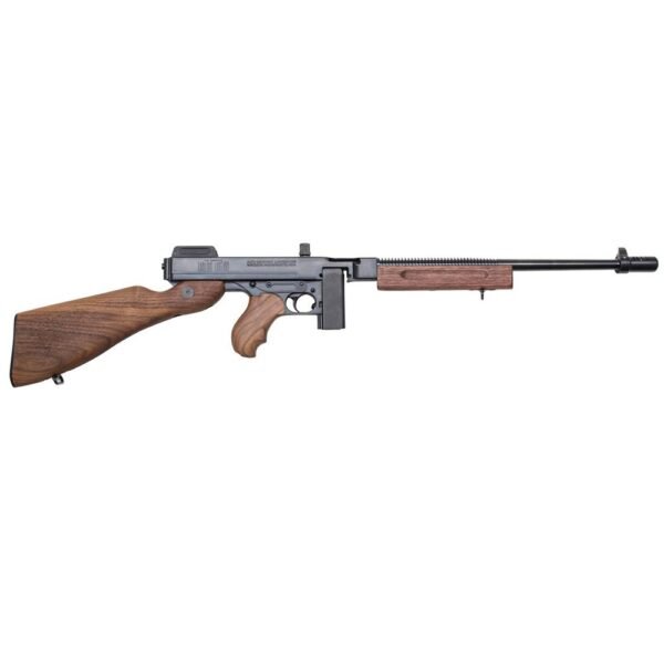 Wooden and black semi-automatic rifle with a long barrel and a box magazine, featuring a wooden stock and foregrip.