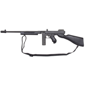 Black semi-automatic rifle with a long barrel and attached sling, featuring a wooden stock and foregrip.