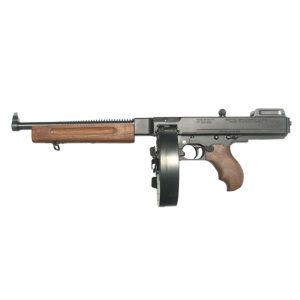 Black submachine gun with wooden handle and foregrip, featuring a circular drum magazine.