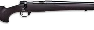 Bolt-action rifle with a sleek black stock and a polished silver barrel.