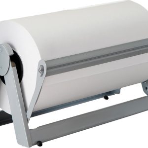 A large white roll of paper on a gray metal dispenser.