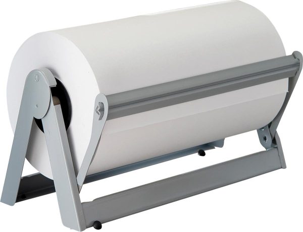 A large white roll of paper on a gray metal dispenser.