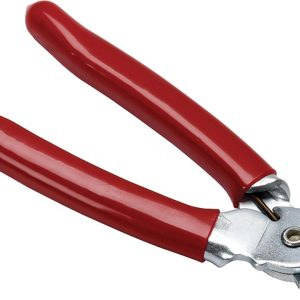 Red-handled metal pliers with shiny, silver jaws.