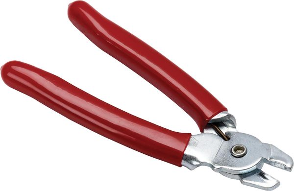 Red-handled metal pliers with shiny, silver jaws.