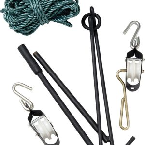 A green rope, black metal rods, pulleys, and hooks laid out for gear setup.