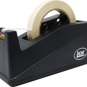 A black LEM tape dispenser with a roll of beige tape, featuring a caution label on the side.