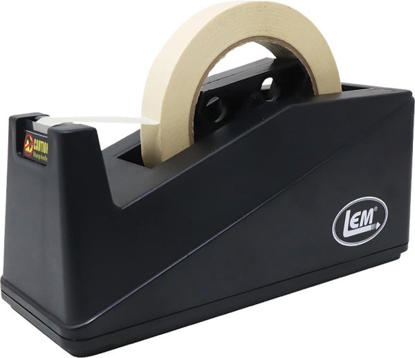A black lem tape dispenser with a roll of beige tape, featuring a caution label on the side.