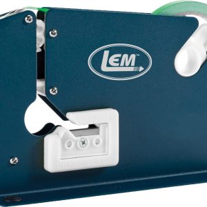 LEM tape dispenser with a blue metal body, white plastic components, and a green roll of tape.