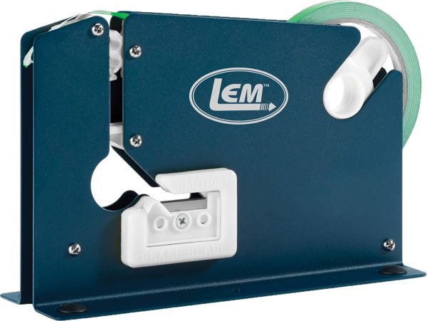 Lem tape dispenser with a blue metal body, white plastic components, and a green roll of tape.