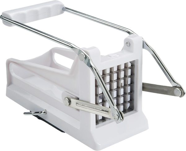 White plastic and metal potato slicer on a white background.