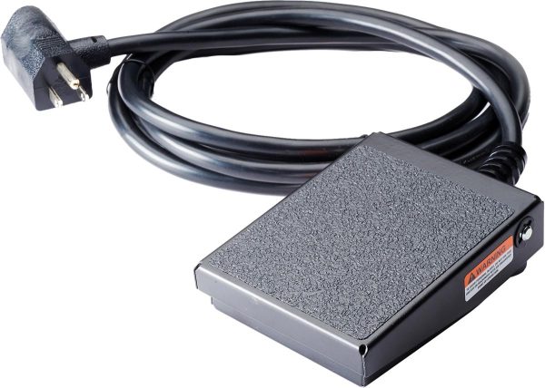 A black foot pedal with a textured surface, attached to a thick, coiled power cord ending in a standard plug.