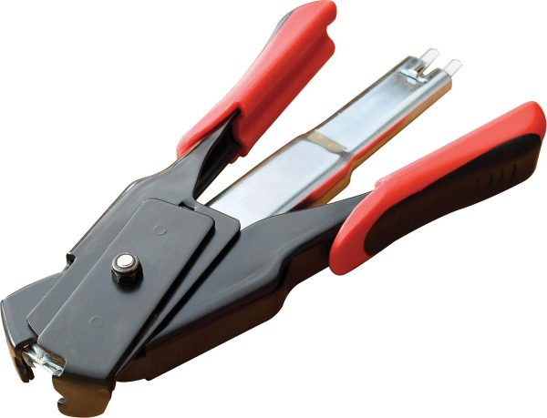 A heavy-duty stapler with black and red handles.