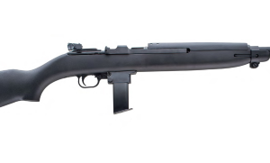 Black semi-automatic rifle with a matte finish, featuring a standard stock and a detachable box magazine.