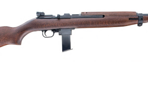 Brown wooden rifle with a black barrel and magazine, isolated on a white background.