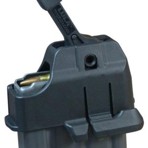 Black firearm magazine loader with a visible brass cartridge partially inserted.