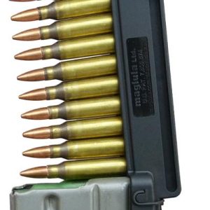 Bronze and silver rifle bullets loaded into a black speed loader attached to a silver magazine.
