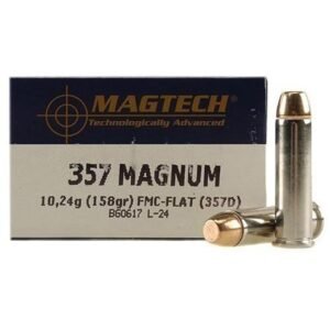 Box of magtech. 357 magnum ammo with two bullets, one upright and one lying down. The box has a black and white design with gold lettering.