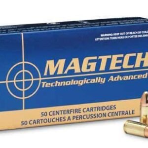 Magtech ammunition box with blue and yellow design, featuring "technologically advanced" text and two gold bullets in front.