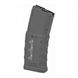 Black firearm magazine with a textured grip and transparent window, suitable for ammo storage.